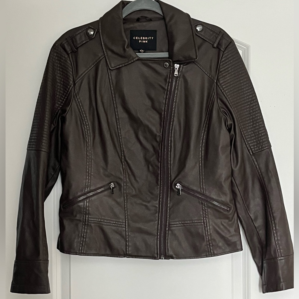 Celebrity Pink Juniors' Faux Leather Moto Jacket Brown Zipper Front Lined Sz L